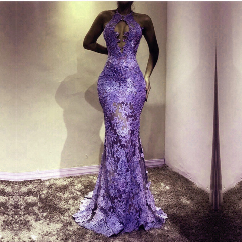 Sexy See Through Lace Prom Dresses Mermaid Halter Gowns – alinanova