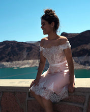 Load image into Gallery viewer, Sexy Off Shoulder Pink Bridesmaid Dresses Lace Appliques
