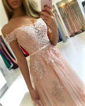 Load image into Gallery viewer, Lace Appliques Off Shoulder Tulle Bridesmaid Dresses Long
