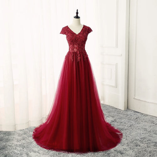 Elegant Lace Appliques V Neck Tulle Bridesmaid Dresses Long-alinanova