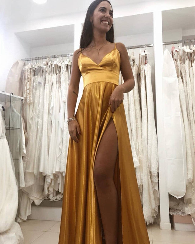 teal and rose gold dress Yellow Spaghetti Straps Mermaid Satin Formal Prom Dress Yellow / 6 main image 1