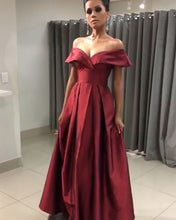Load image into Gallery viewer, Sexy Off The Shoulder Long Satin Prom Dresses V-neck Evening Gowns With Slit
