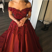 Load image into Gallery viewer, Elegant Flower And Lace Appliques V Neck Satin Prom Dresses
