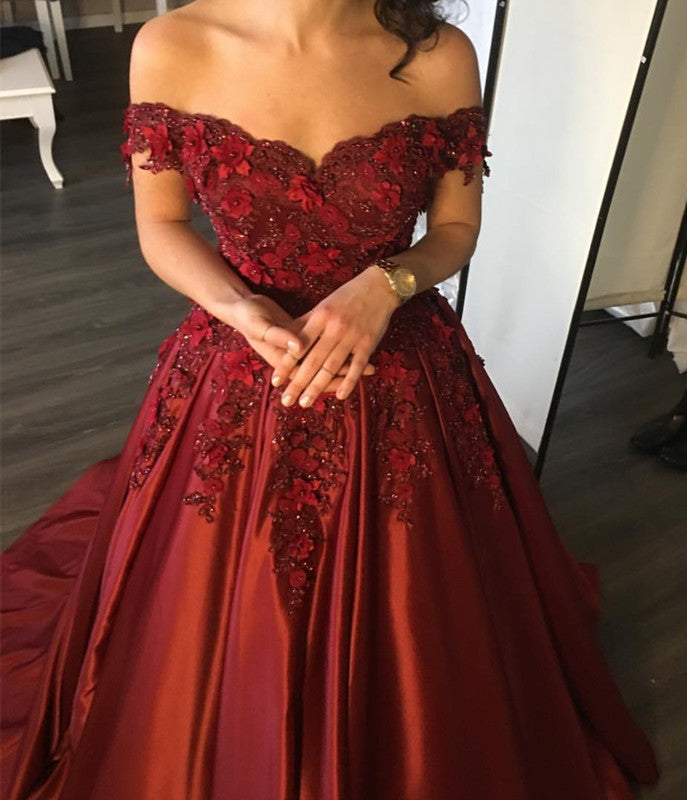 Long Satin Off Shoulder Prom Dresses 2019 Lace Appliques Ball Gowns   alinanova