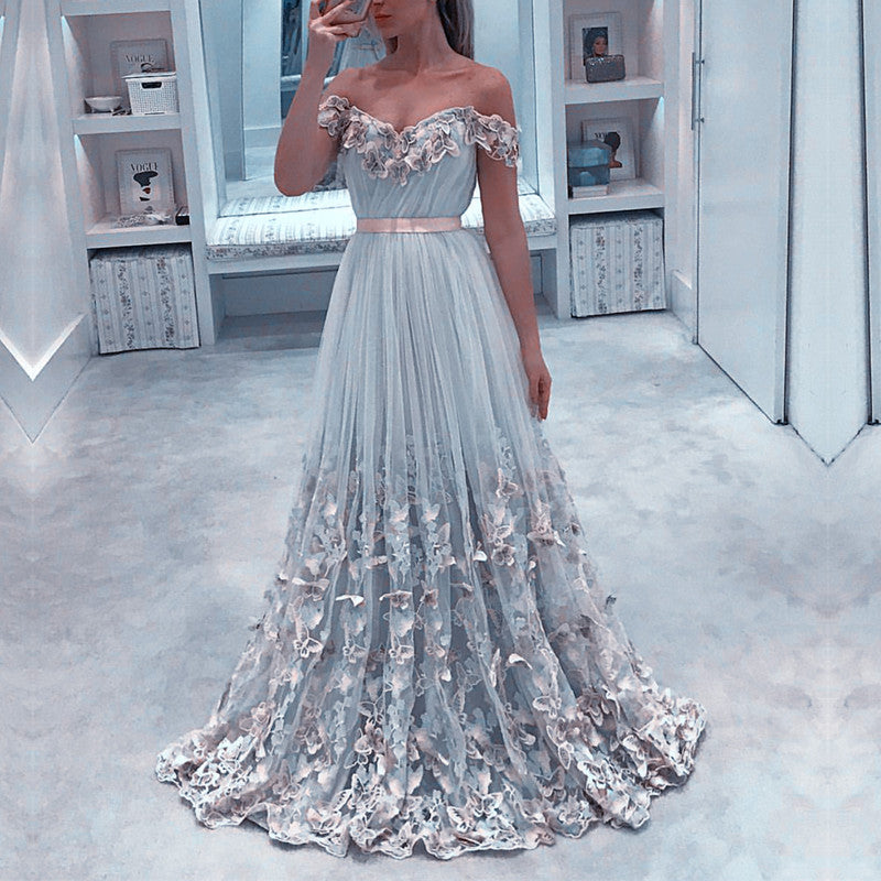 Elegant Lace Embroidery Sweetheart Tulle Formal Evening Dresses-alinanova