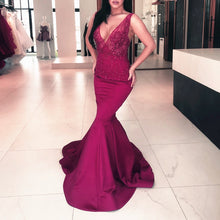 Load image into Gallery viewer, Deep V Neck Long Satin Mermaid Prom Dresses Lace Appliques
