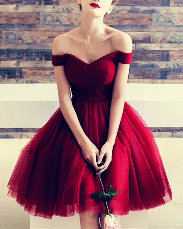 Burgundy Tulle V-neck Off The Shoulder Bridesmaid Dresses Knee Length