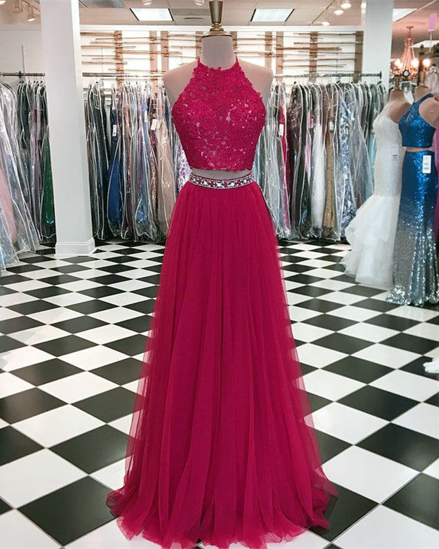 Lace Crop Top Tulle Prom Dresses Two Piece Evening Gowns Beaded Sashes Lace Crop Top Tulle Prom Dresses Two Piece Evening Gowns Beaded Sashes