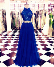 Load image into Gallery viewer, Lace Crop Top Tulle Prom Dresses Two Piece Evening Gowns Beaded Sashes
