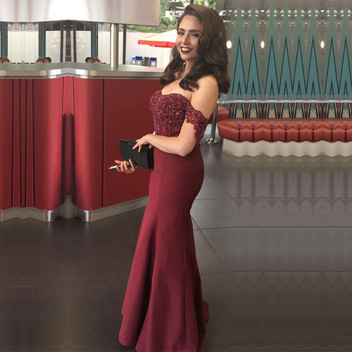 Lace Beaded Sweetheart Long Satin Mermaid Bridesmaid Dresses Off The Shoulder-alinanova