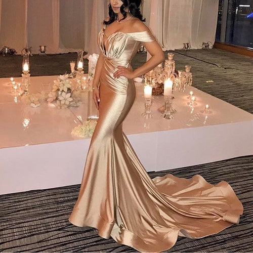 Ruched Sweetheart Long Champagne Satin Mermaid Evening Dress-alinanova