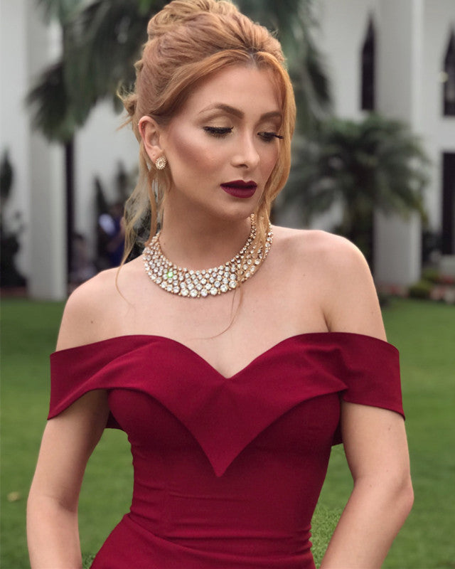 Burgundy Satin Prom Dresses Mermaid Split Off Shoulder