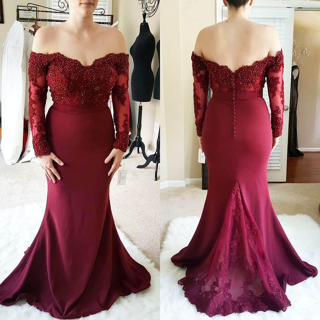 Burgundy Lace Off Shoulder Mermaid Long Sleeves Bridesmaid Dresses –  alinanova