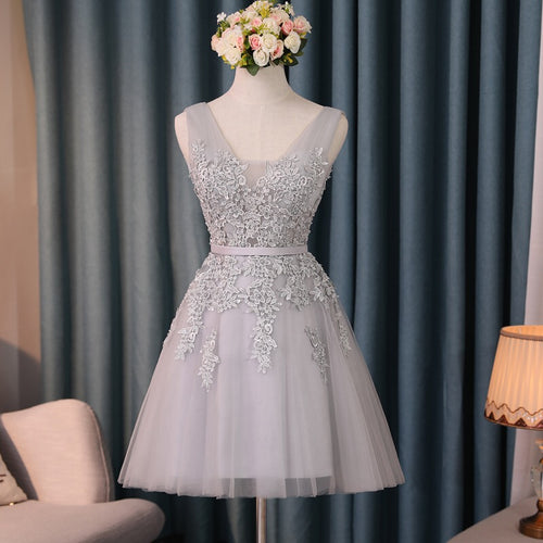 Silver Tulle V Neck Cocktail Party Dresses For Wedding-alinanova