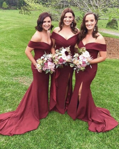 V Neck Off The Shoulder Mermaid Bridesmaid Dresses With Leg Split-alinanova