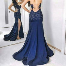 Load image into Gallery viewer, Navy Blue Lace Appliques Sweetheart Mermaid Evening Gowns With Leg Slit-alinanova
