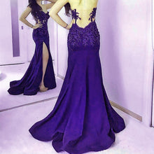 Load image into Gallery viewer, Navy Blue Lace Appliques Sweetheart Mermaid Evening Gowns With Leg Slit
