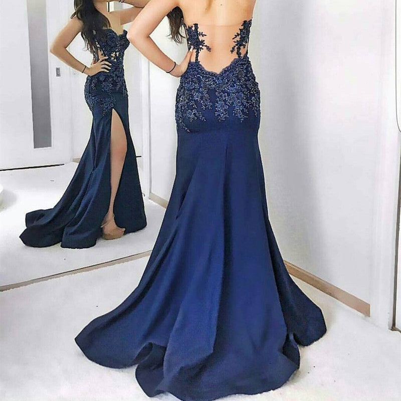 Navy Blue Lace Appliques Sweetheart Mermaid Evening Gowns With Leg Slit-alinanova