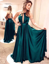 Load image into Gallery viewer, Emerald Green Satin Long Bridesmaid Dresses Backless Evening Gowns
