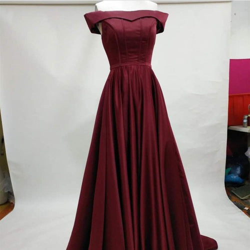 Long Burgundy Satin Evening Gowns Off The Shoulder Prom Dresses-alinanova