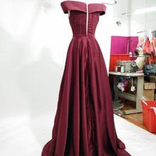 Load image into Gallery viewer, Long Burgundy Satin Evening Gowns Off The Shoulder Prom Dresses
