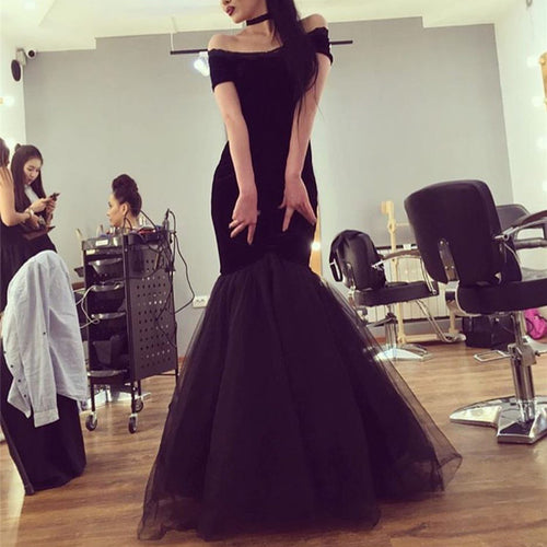 Sexy Off The Shoulder Black Tulle Mermaid Evening Dresses-alinanova
