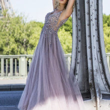 Load image into Gallery viewer, Sequins Beaded V Neck Gray Tulle V Neck Long Evening Gowns
