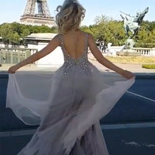 Load image into Gallery viewer, Sequins Beaded V Neck Gray Tulle V Neck Long Evening Gowns
