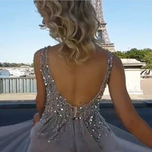 Load image into Gallery viewer, Sequins Beaded V Neck Gray Tulle V Neck Long Evening Gowns
