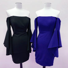 Load image into Gallery viewer, Off The Shoulder Satin Sheath Homecoming Dresses With Puffy Sleeves
