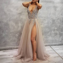 Load image into Gallery viewer, Sexy Deep V Neck Long Tulle Slit Prom Dresses 2018 Beaded Evening Gowns-alinanova
