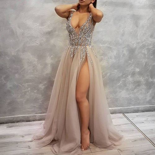 Sexy Deep V Neck Long Tulle Slit Prom Dresses 2018 Beaded Evening Gowns-alinanova