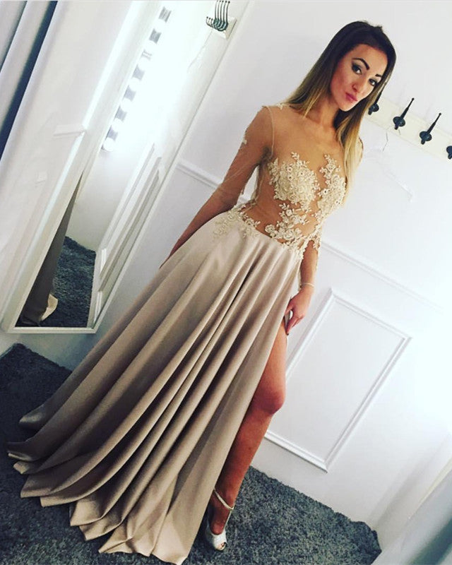 Sheer Long Sleeves Nude Chiffon Prom Dresses With Split