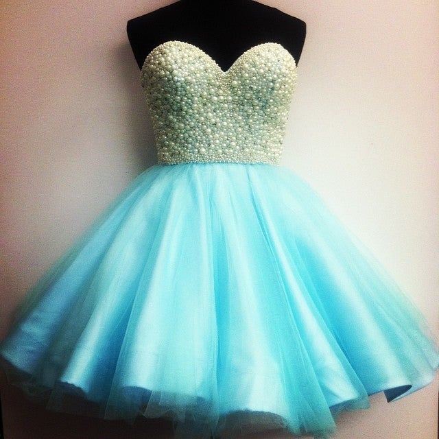 Ice Blue Tulle Pearl Sweetheart Homecoming Dresses Short Prom Gowns ...