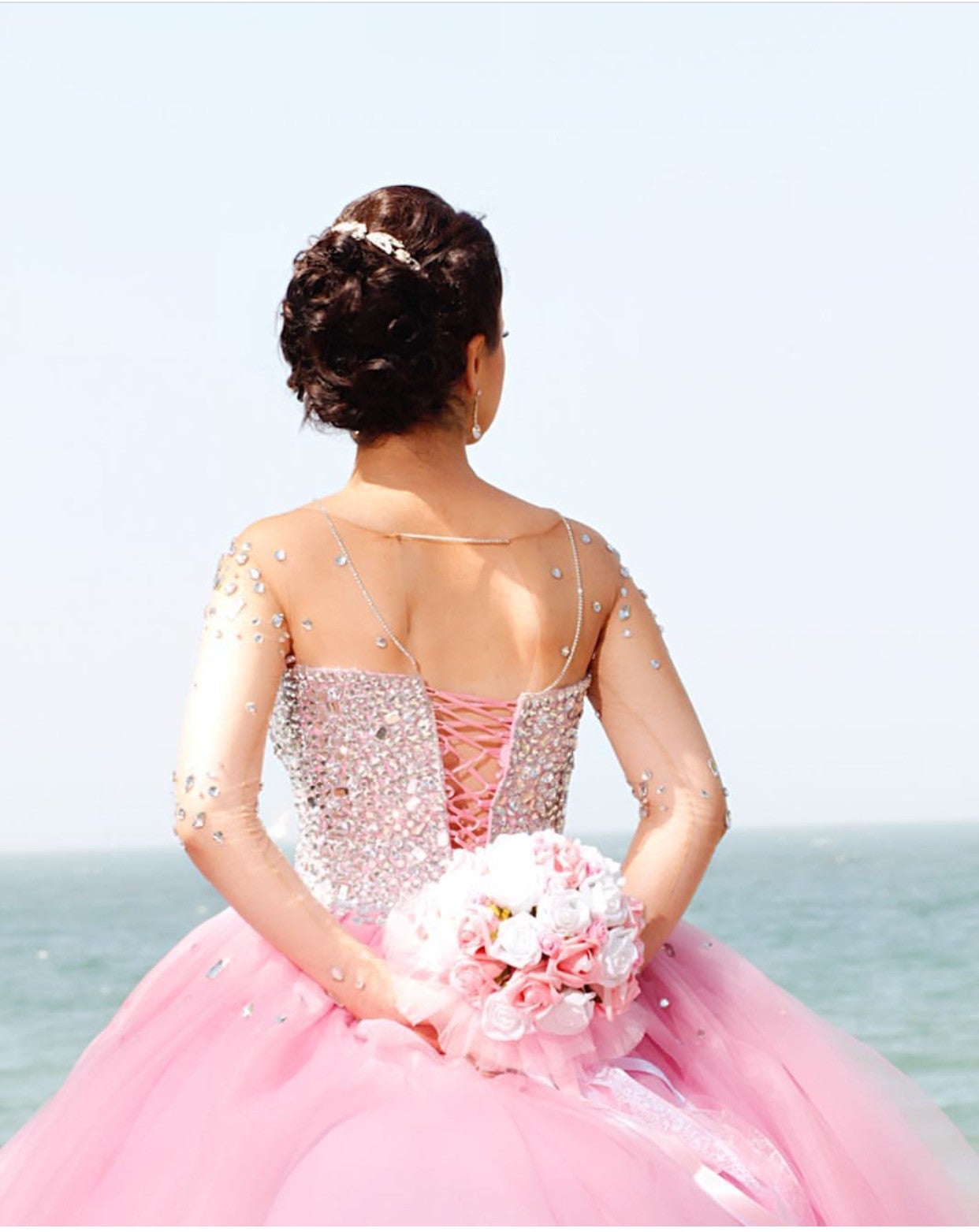 Illusion Long Sleeves Pink Tulle Wedding Dresses Crystal Beaded – alinanova Illusion Long Sleeves Pink Tulle Wedding Dresses Crystal Beaded – alinanova