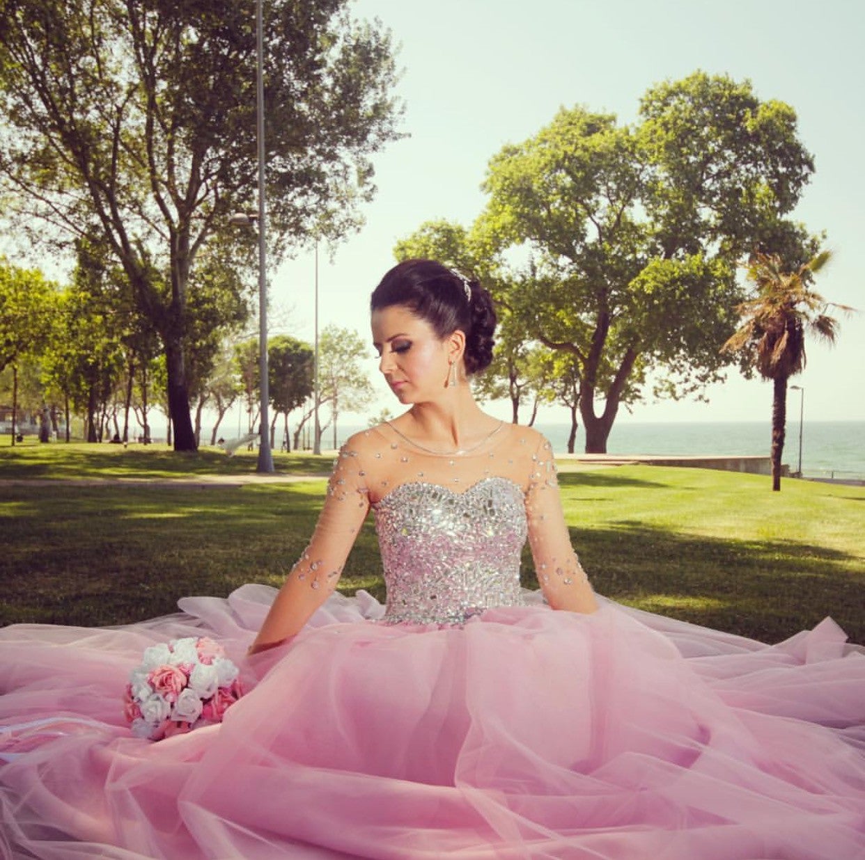 pink crystal wedding dress Mily Bridal HL64 Strapless Sleeveless Multi-layered Crystal Embellished  Trailing Pink Puffy Colorful Floral Wedding Dress