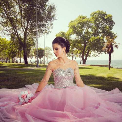 Illusion Long Sleeves Pink Tulle Wedding Dresses Crystal Beaded-alinanova