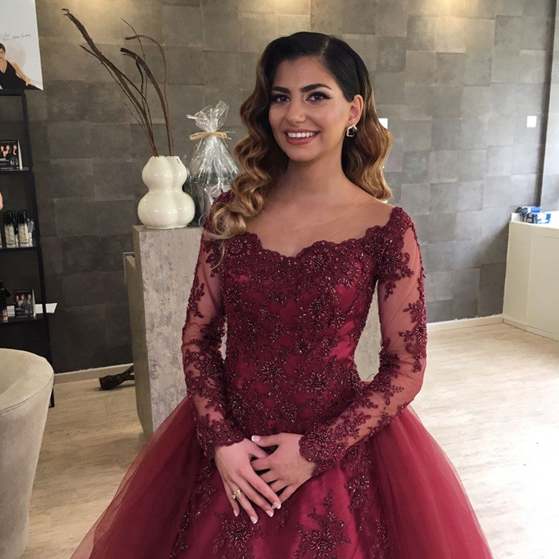 Illusion Neckline Burgundy Lace Long Sleeves Wedding Dresses Removable Skirt Illusion Neckline Burgundy Lace Long Sleeves Wedding Dresses Removable Skirt