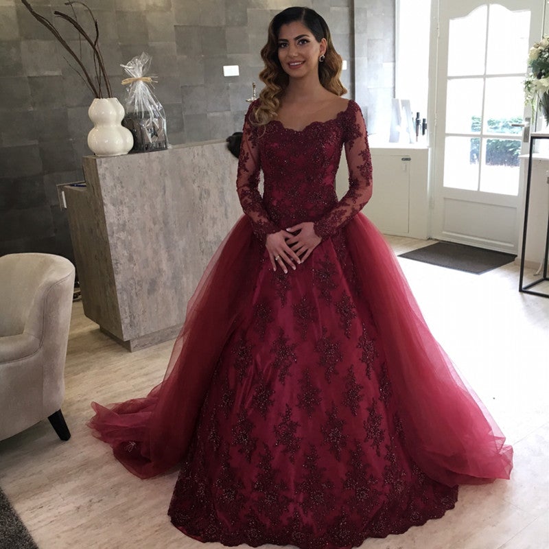 Illusion Neckline Burgundy Lace Long Sleeves Wedding Dresses Removable Skirt-alinanova