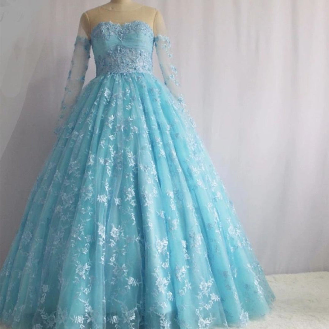 Illusion Neckline Long Sleeves Lace Ball Gowns Quinceanera Dresses 2018-alinanova