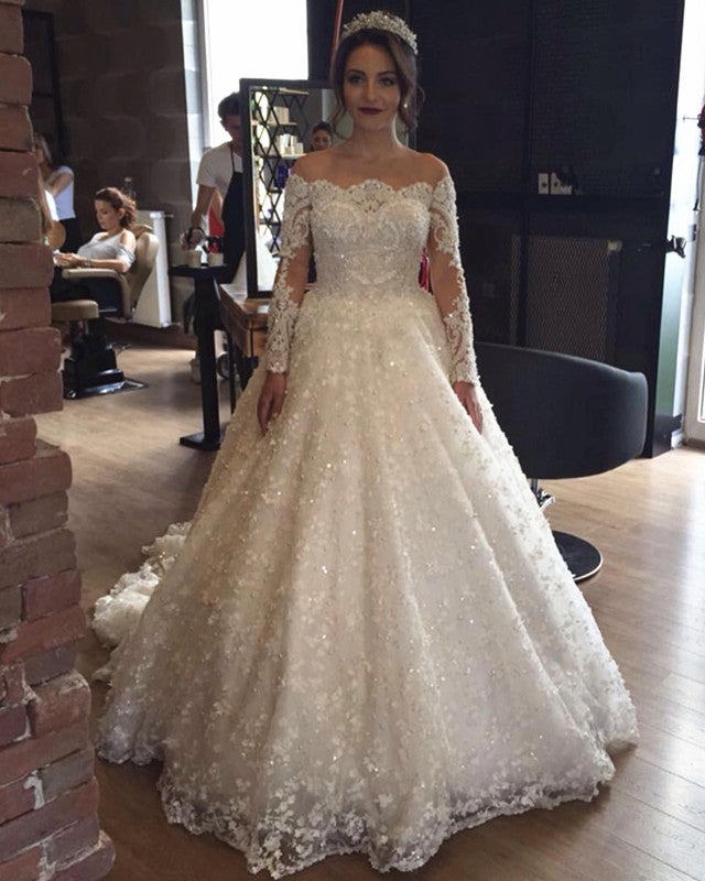 Illusion Neckline Long Sleeves Lace Wedding Dresses Ball Gowns