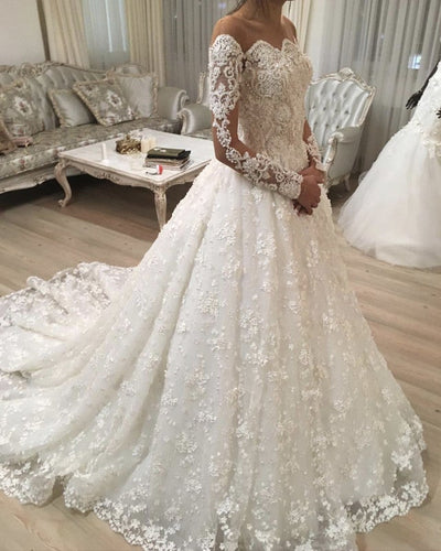 Illusion Neckline Long Sleeves Lace Wedding Dresses Ball Gowns-alinanova