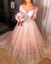 Load image into Gallery viewer, Ivory And Blush Wedding Dress Long Sleeves Ball Gown
