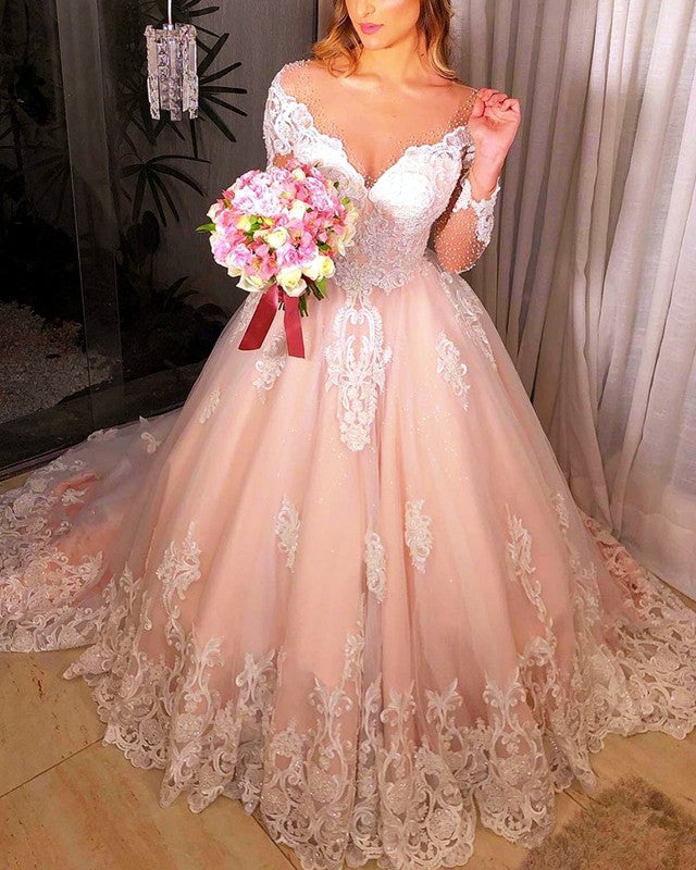 Ivory And Blush Wedding Dress Long Sleeves Ball Gown