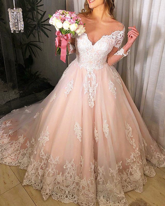 Ivory And Blush Wedding Dress Long Sleeves Ball Gown-alinanova