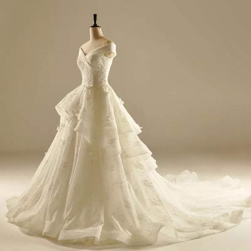 Ivory Lace A-line V Neck Off The Shoulder Wedding Dresses Princess ...