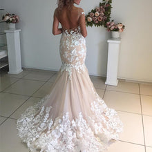 Load image into Gallery viewer, Ivory Lace Appliques Champagne Mermaid Wedding Dresses Open Back
