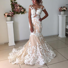 Load image into Gallery viewer, Ivory Lace Appliques Champagne Mermaid Wedding Dresses Open Back-alinanova
