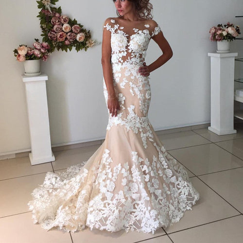 Ivory Lace Appliques Champagne Mermaid Wedding Dresses Open Back-alinanova