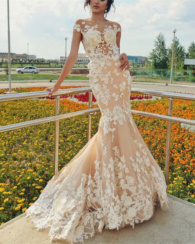 champagne vintage wedding dress Vintage Champagne Tulle sleeve wedding dress with V-Neck, Appliques, Ruffles, and Sleeves